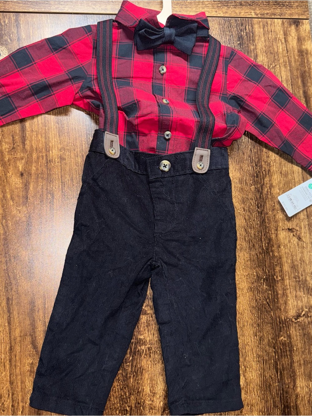 Cares Black Corduroy Kids Suspender Pants with Red Plaid Shirt Set 6M